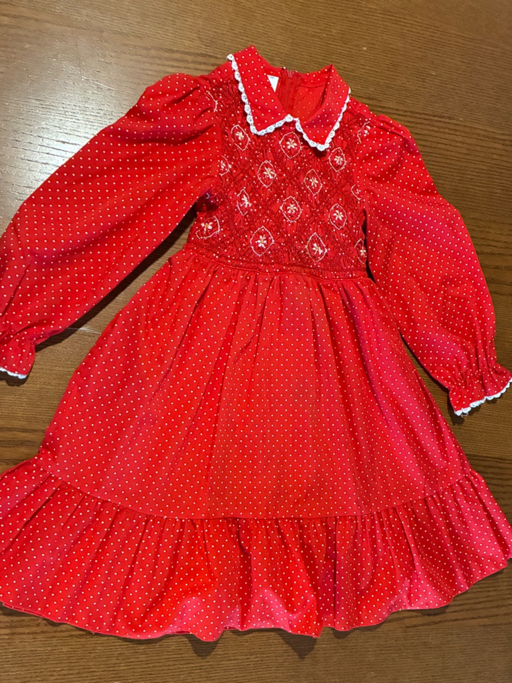 Vintage Red Polka Dot Smocked Long-Sleeve Dress